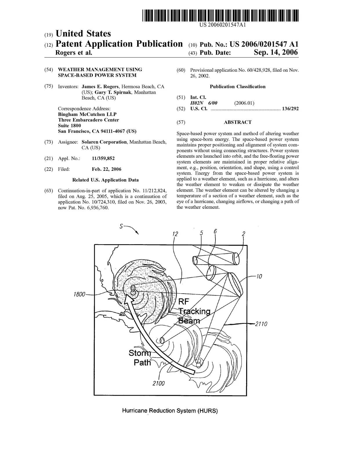 Diagram illustrating a space-based power system for weather management, including the hurricane reduction system